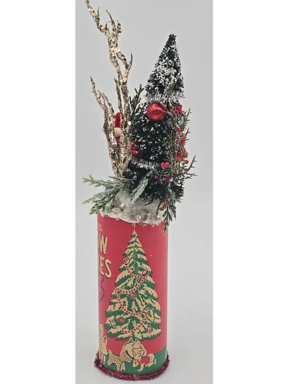 OOAK Christmas Assemblage Art Vtg Kitschy Bottle Brush Tree Wooden Santa Mica